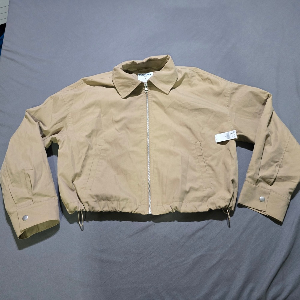 Old Navy Car Coat Women Size Medium Tan Zip Up Drawstring Hem Jacket